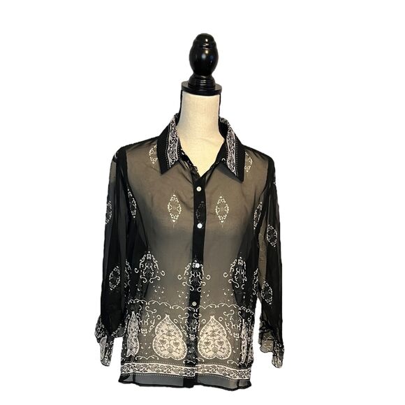 NICOLA Tops - Vintage Nicola Sheer Blouse XL Button Down Black Abstract Print Ruffle Sleeve